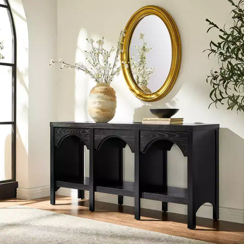 Black / Brown / Whitewashed Triple-Arch Console Table, 60" – 2-Person Assembly, Open Shelf