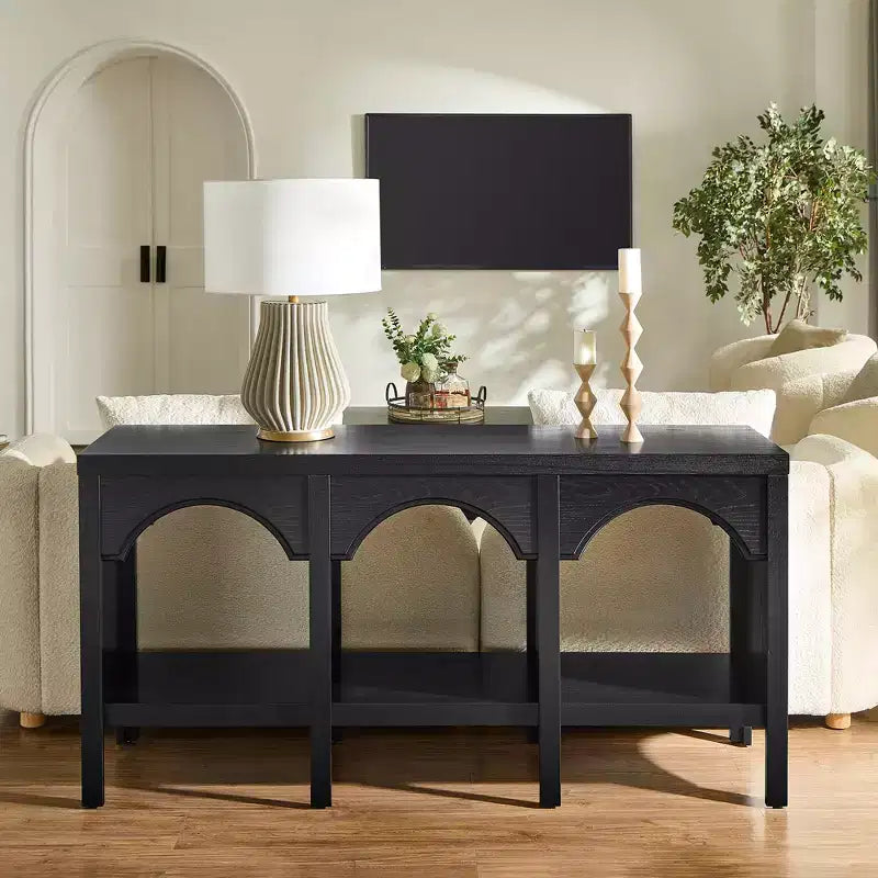 Black / Brown / Whitewashed Triple-Arch Console Table, 60" – 2-Person Assembly, Open Shelf
