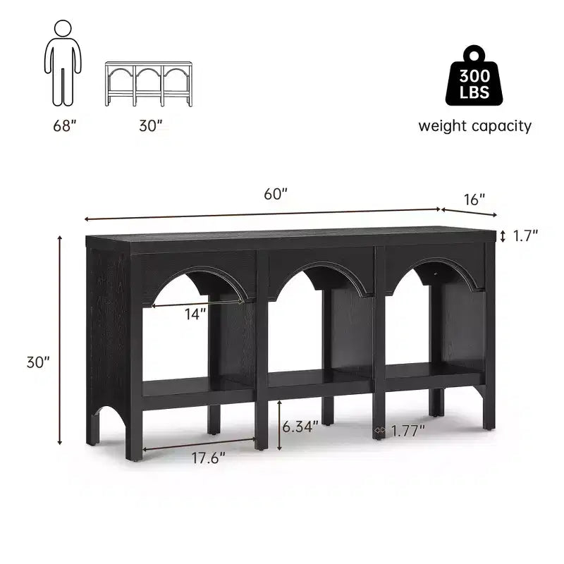 Black / Brown / Whitewashed Triple-Arch Console Table, 60" – 2-Person Assembly, Open Shelf