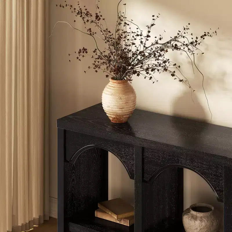 Black / Brown / Whitewashed Triple-Arch Console Table, 60" – 2-Person Assembly, Open Shelf