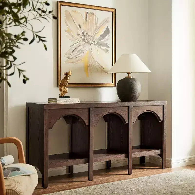 Black / Brown / Whitewashed Triple-Arch Console Table, 60" – 2-Person Assembly, Open Shelf