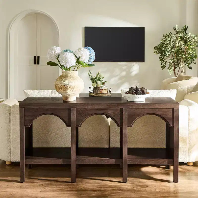 Black / Brown / Whitewashed Triple-Arch Console Table, 60" – 2-Person Assembly, Open Shelf