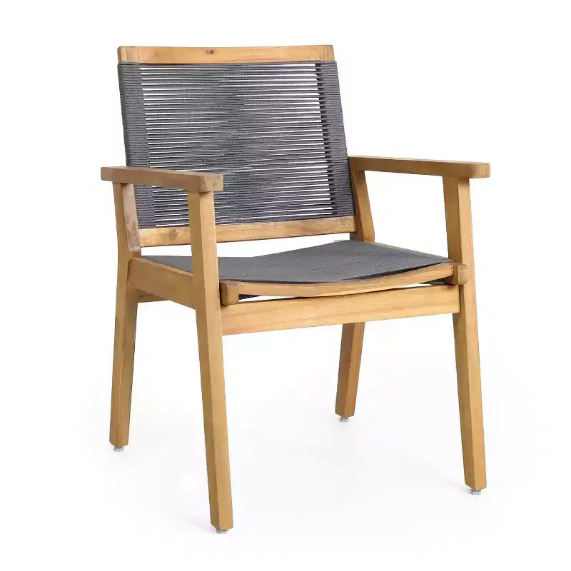 Teak Finish Woven Rope Outdoor Dining Chairs with Arms, Set of 2, Brown/Gray