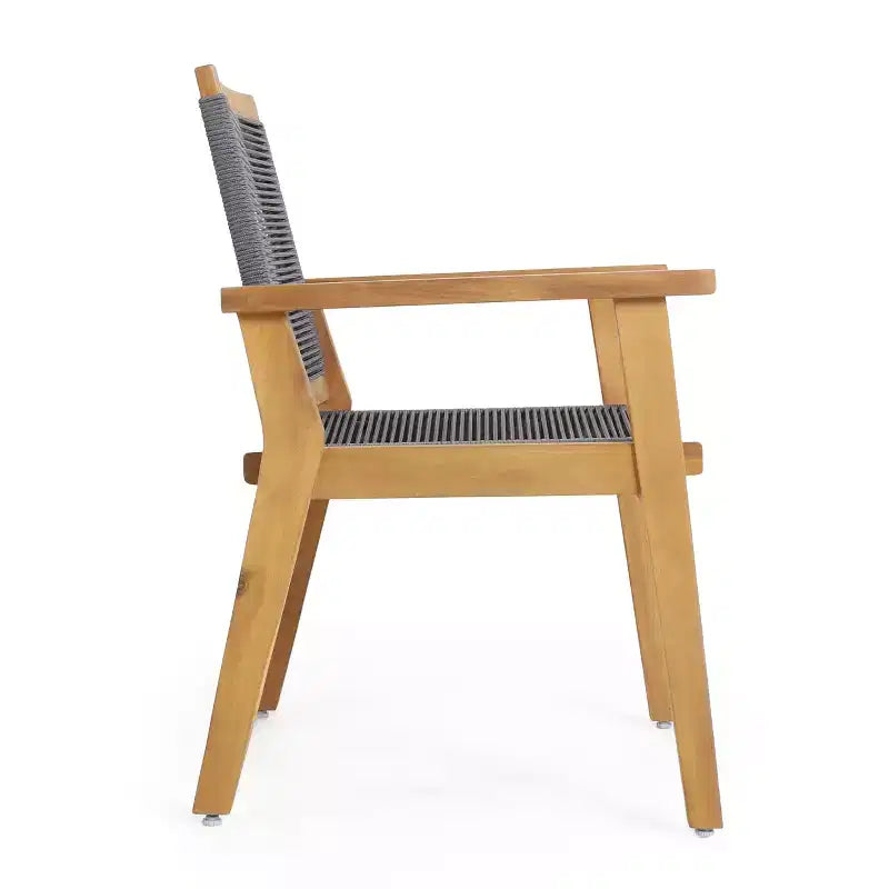 Teak Finish Woven Rope Outdoor Dining Chairs with Arms, Set of 2, Brown/Gray
