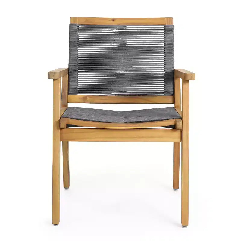 Teak Finish Woven Rope Outdoor Dining Chairs with Arms, Set of 2, Brown/Gray