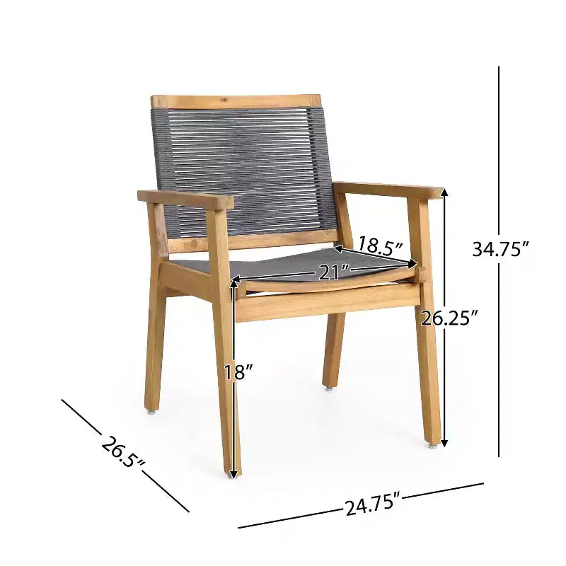 Teak Finish Woven Rope Outdoor Dining Chairs with Arms, Set of 2, Brown/Gray
