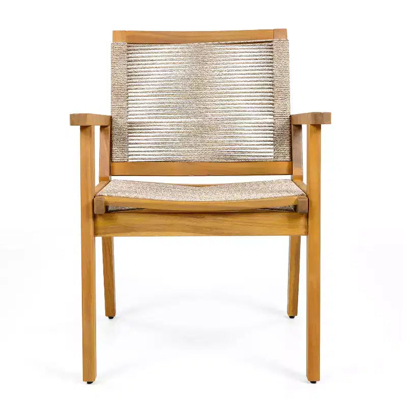 Teak Finish Woven Rope Outdoor Dining Chairs with Arms, Set of 2, Brown/Gray