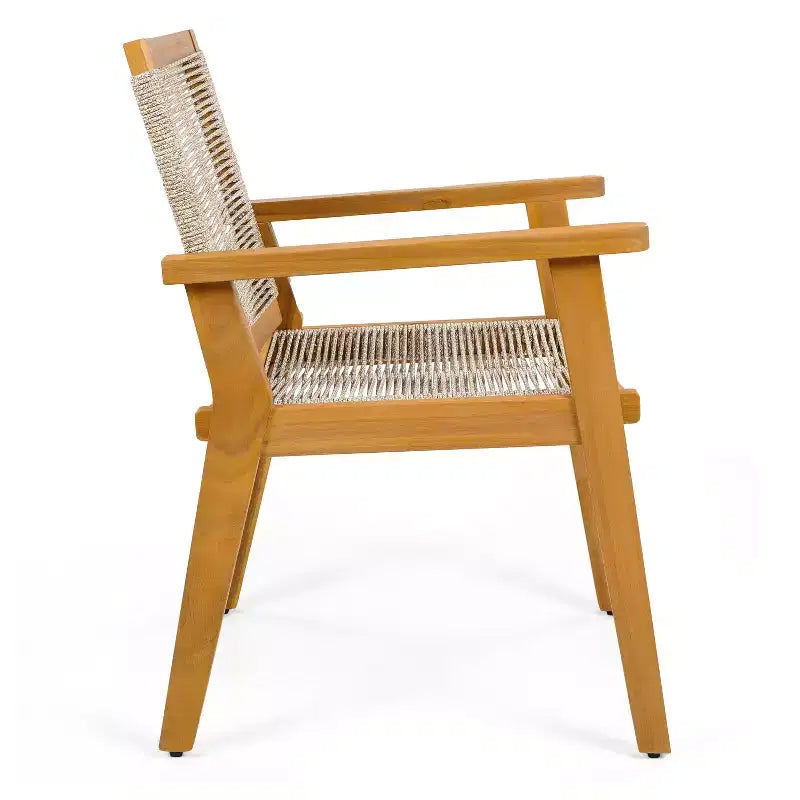 Teak Finish Woven Rope Outdoor Dining Chairs with Arms, Set of 2, Brown/Gray