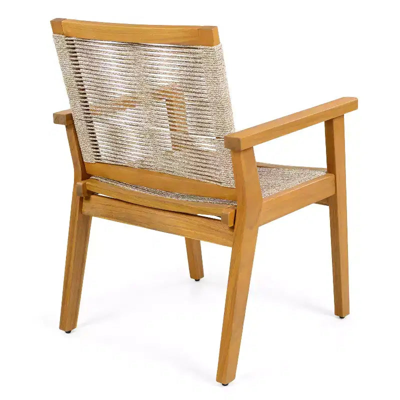 Teak Finish Woven Rope Outdoor Dining Chairs with Arms, Set of 2, Brown/Gray