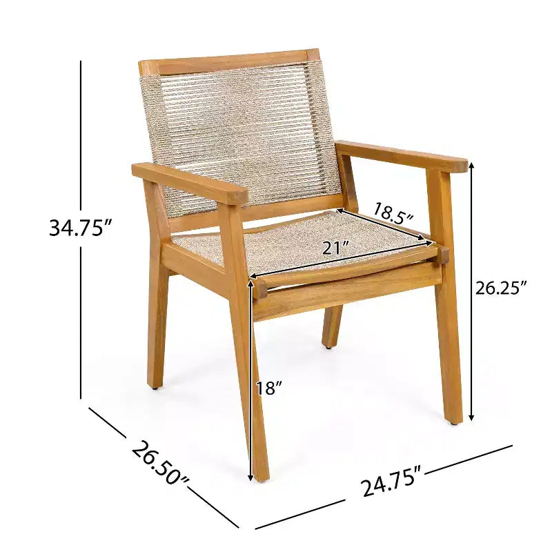 Teak Finish Woven Rope Outdoor Dining Chairs with Arms, Set of 2, Brown/Gray