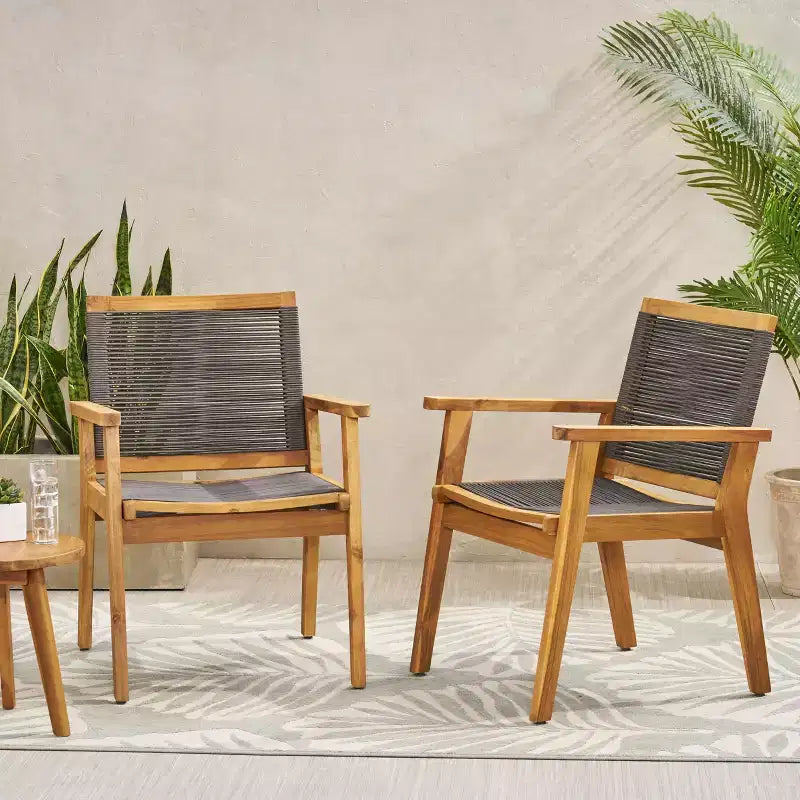 Teak Finish Woven Rope Outdoor Dining Chairs with Arms, Set of 2, Brown/Gray