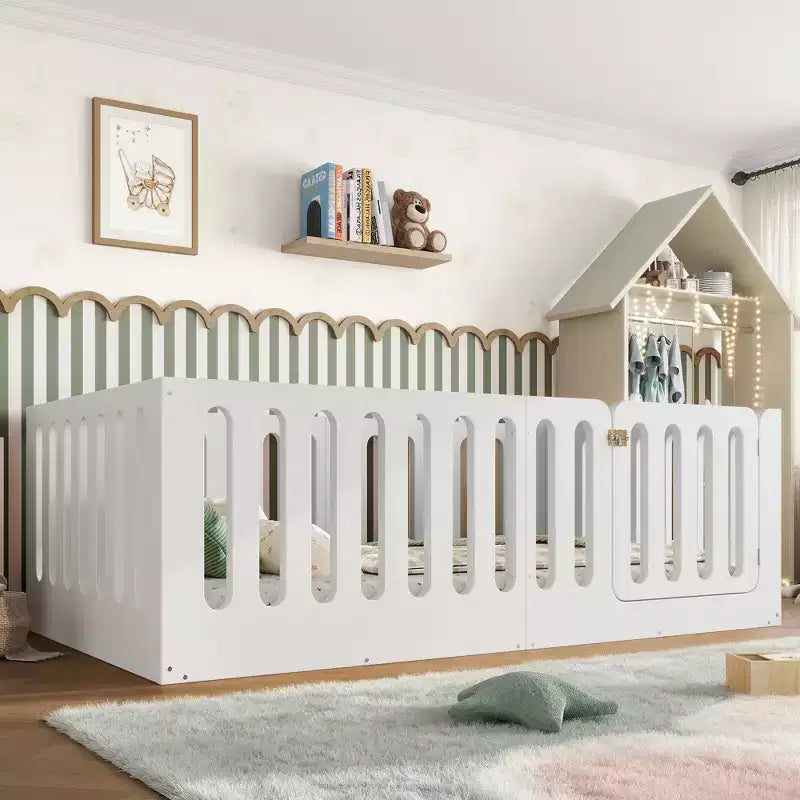 White Twin Montessori Floor Bed with Fence Rails & Door – Solid Wood, 1 Child