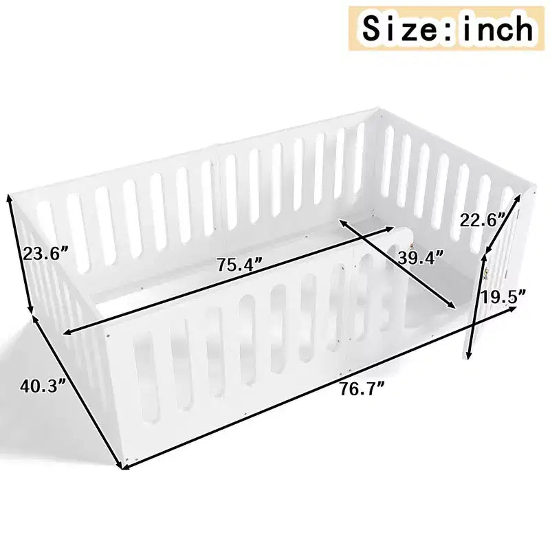 White Twin Montessori Floor Bed with Fence Rails & Door – Solid Wood, 1 Child