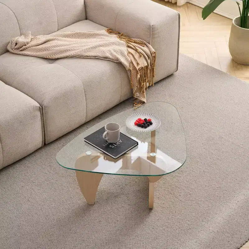 Triangle Glass Top Coffee Table – Clear / Natural Wood