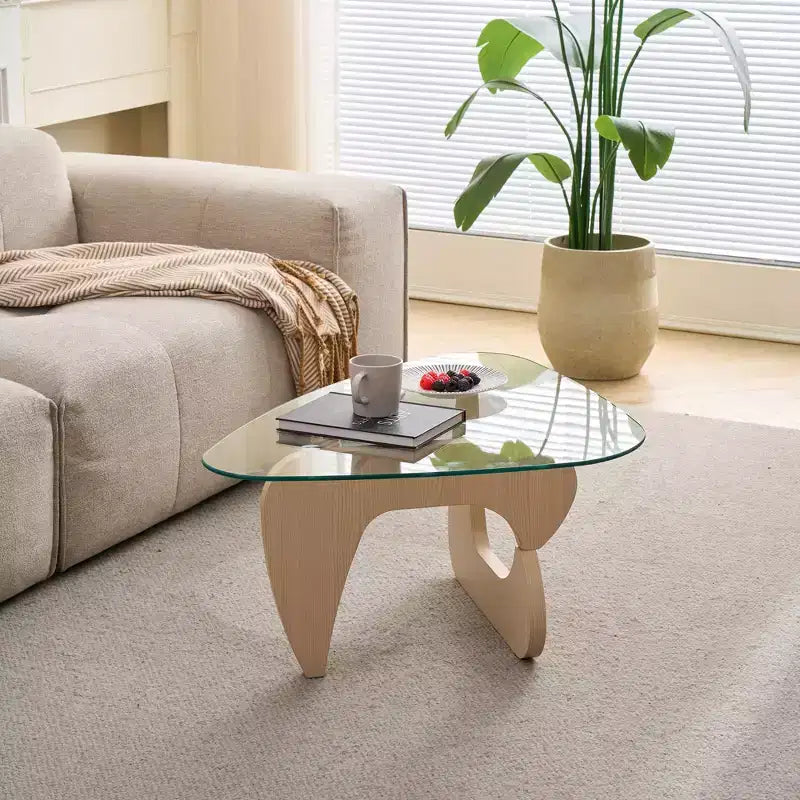 Triangle Glass Top Coffee Table – Clear / Natural Wood