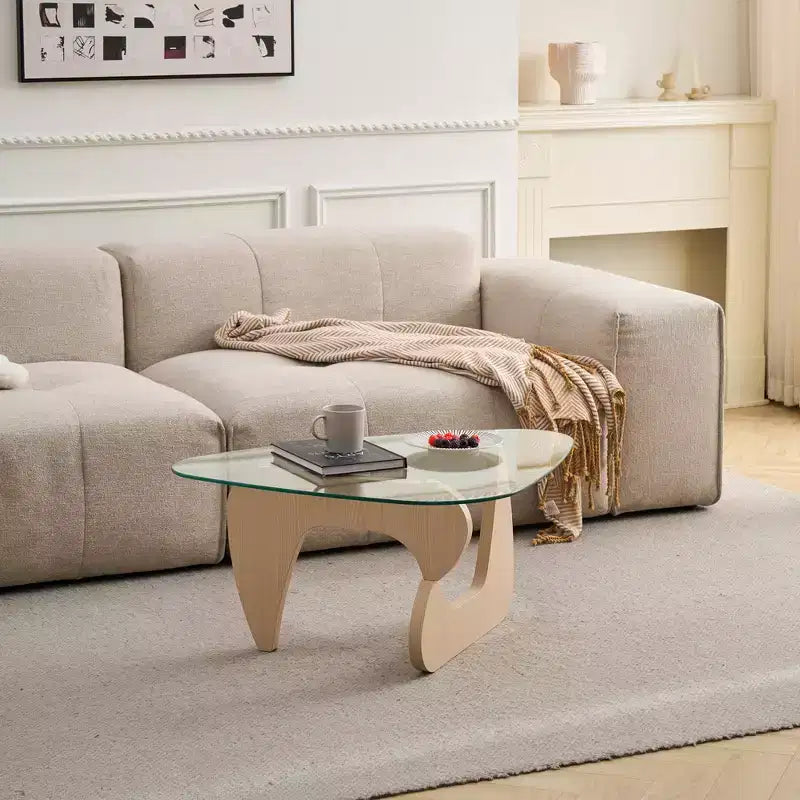 Triangle Glass Top Coffee Table – Clear / Natural Wood