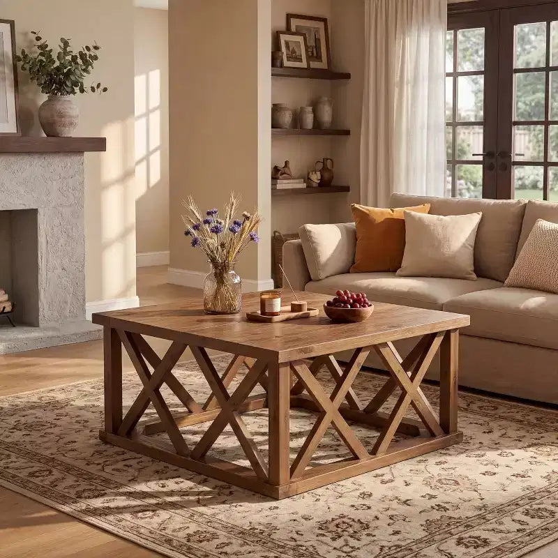 Brown Square X-Frame Solid Wood Coffee Table, Farmhouse Style, Seats 2–4