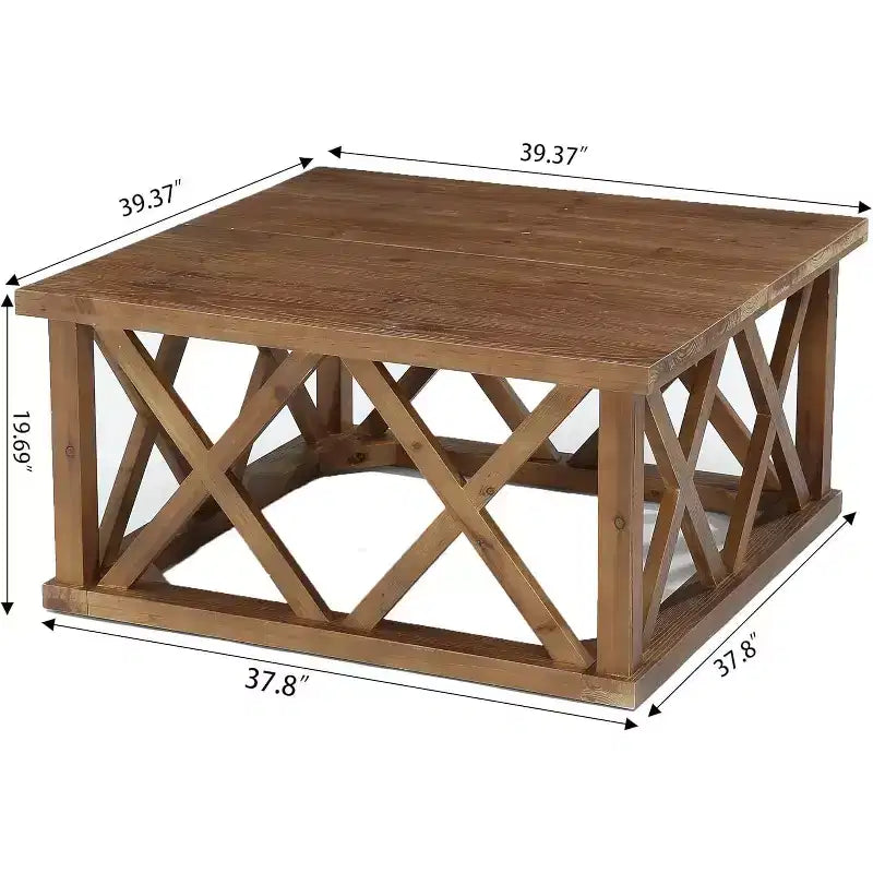 Brown Square X-Frame Solid Wood Coffee Table, Farmhouse Style, Seats 2–4