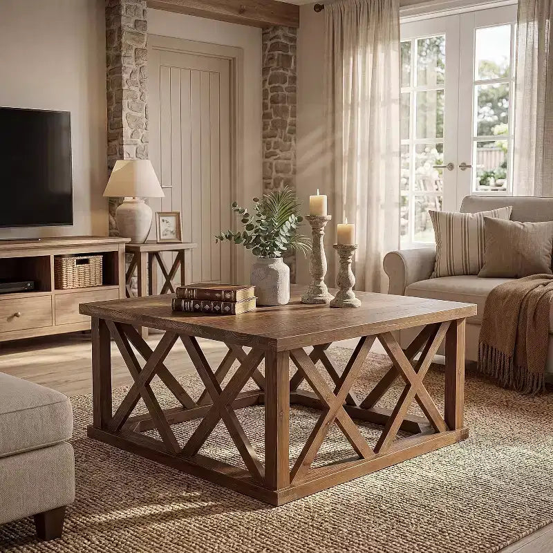 Brown Square X-Frame Solid Wood Coffee Table, Farmhouse Style, Seats 2–4