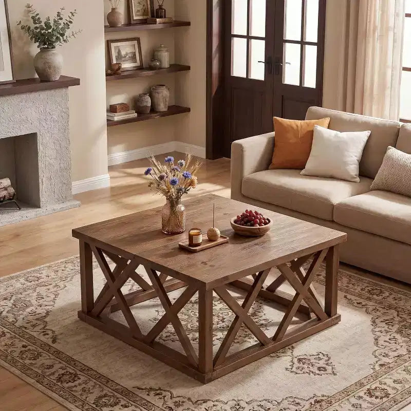 Brown Square X-Frame Solid Wood Coffee Table, Farmhouse Style, Seats 2–4