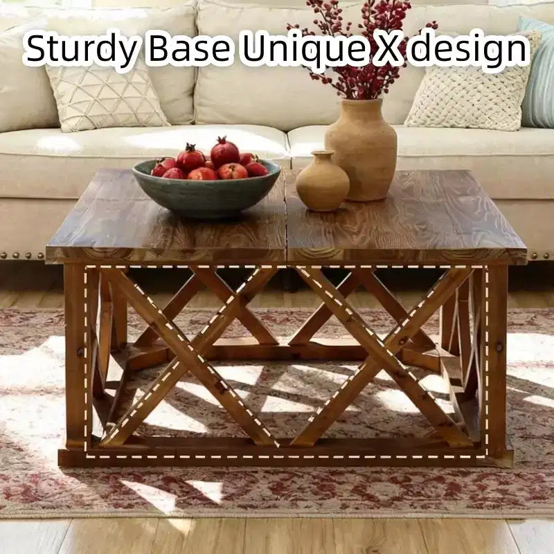 Brown Square X-Frame Solid Wood Coffee Table, Farmhouse Style, Seats 2–4
