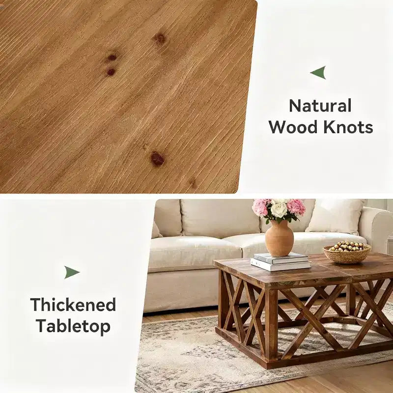 Brown Square X-Frame Solid Wood Coffee Table, Farmhouse Style, Seats 2–4