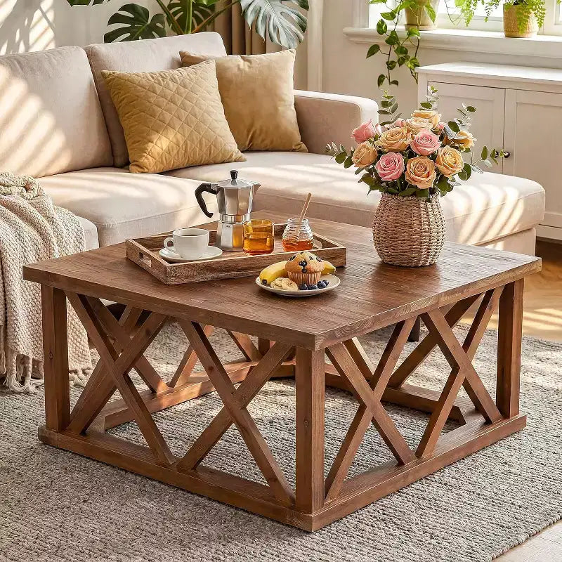 Brown Square X-Frame Solid Wood Coffee Table, Farmhouse Style, Seats 2–4