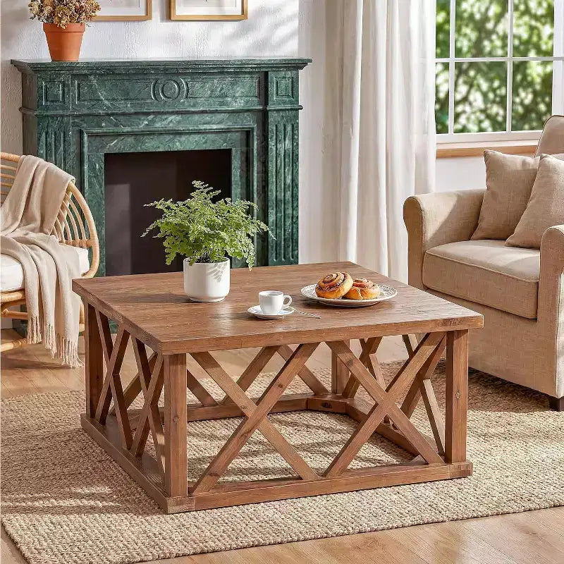 Brown Square X-Frame Solid Wood Coffee Table, Farmhouse Style, Seats 2–4