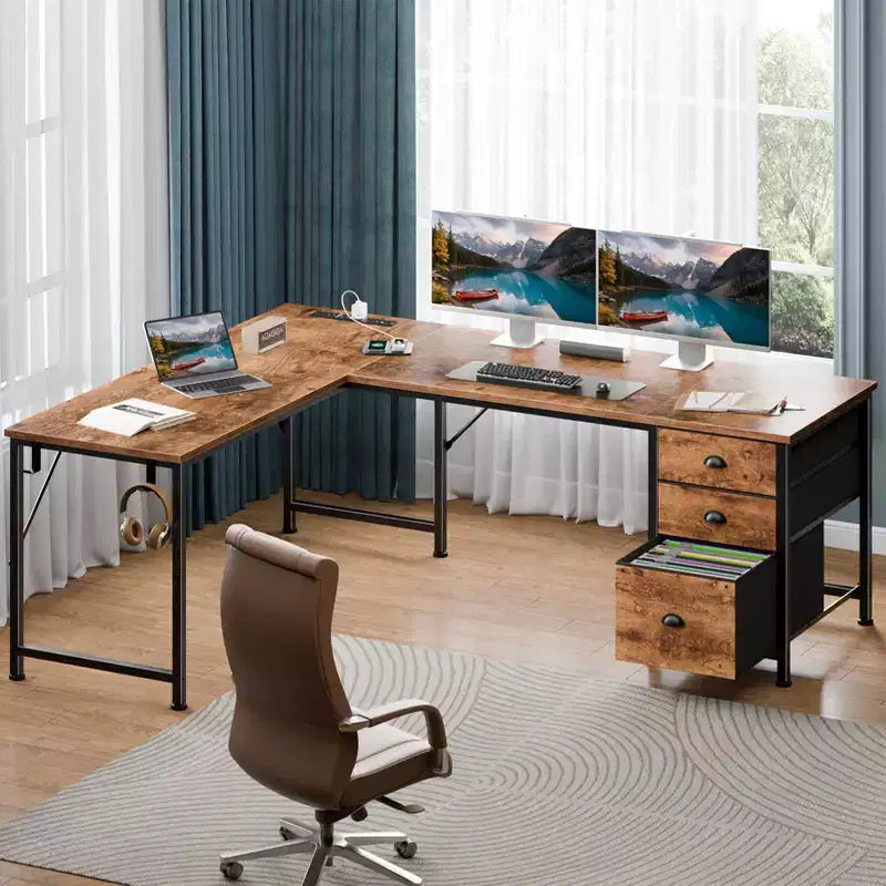 Rustic Brown L-Shaped Desk with Power Outlets, USB Ports & Fabric Drawers, 1-Person