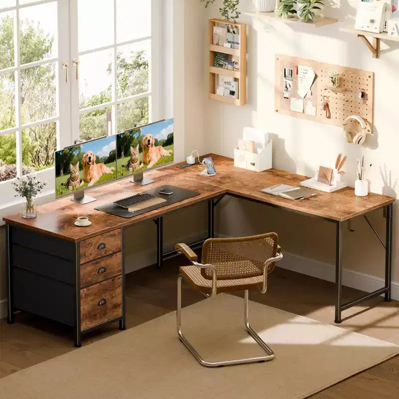 Rustic Brown L-Shaped Desk with Power Outlets, USB Ports & Fabric Drawers, 1-Person