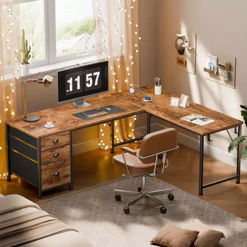 Rustic Brown L-Shaped Desk with Power Outlets, USB Ports & Fabric Drawers, 1-Person