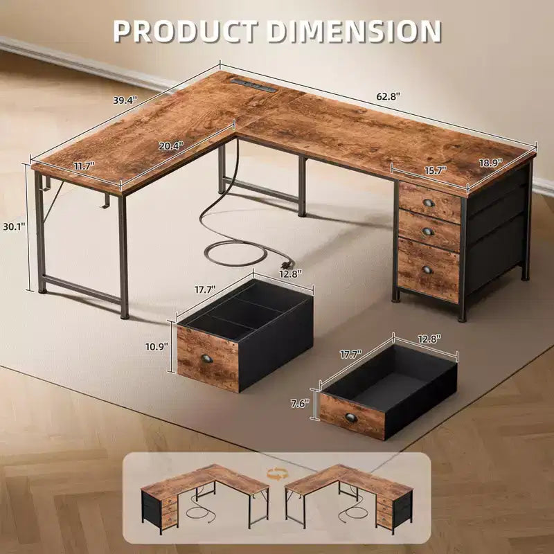 Rustic Brown L-Shaped Desk with Power Outlets, USB Ports & Fabric Drawers, 1-Person