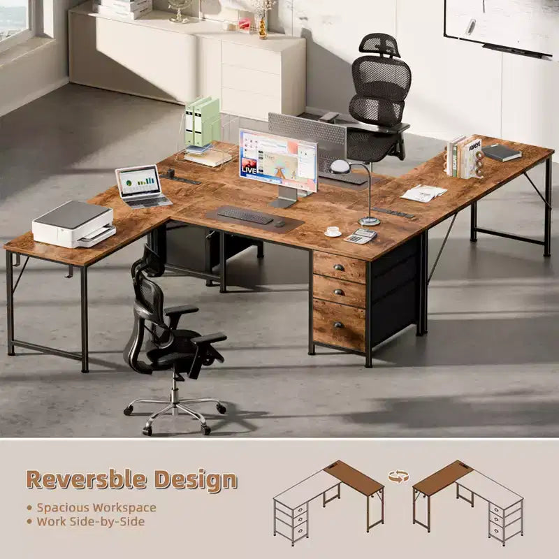 Rustic Brown L-Shaped Desk with Power Outlets, USB Ports & Fabric Drawers, 1-Person
