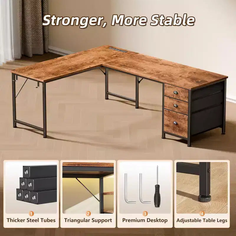 Rustic Brown L-Shaped Desk with Power Outlets, USB Ports & Fabric Drawers, 1-Person