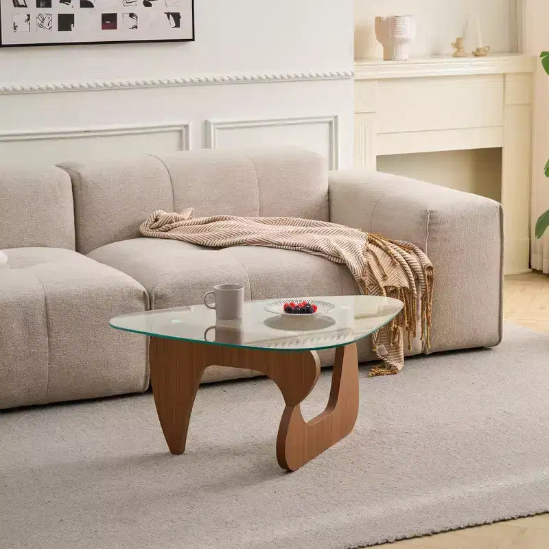 Brown Wood Sculptural Base Glass Top Coffee Table, 1-2 Persons