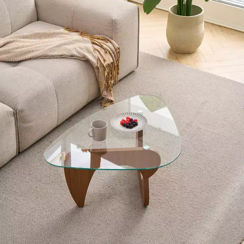 Brown Wood Sculptural Base Glass Top Coffee Table, 1-2 Persons