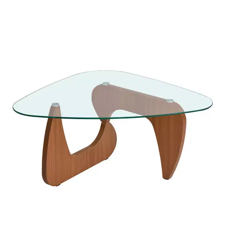 Brown Wood Sculptural Base Glass Top Coffee Table, 1-2 Persons