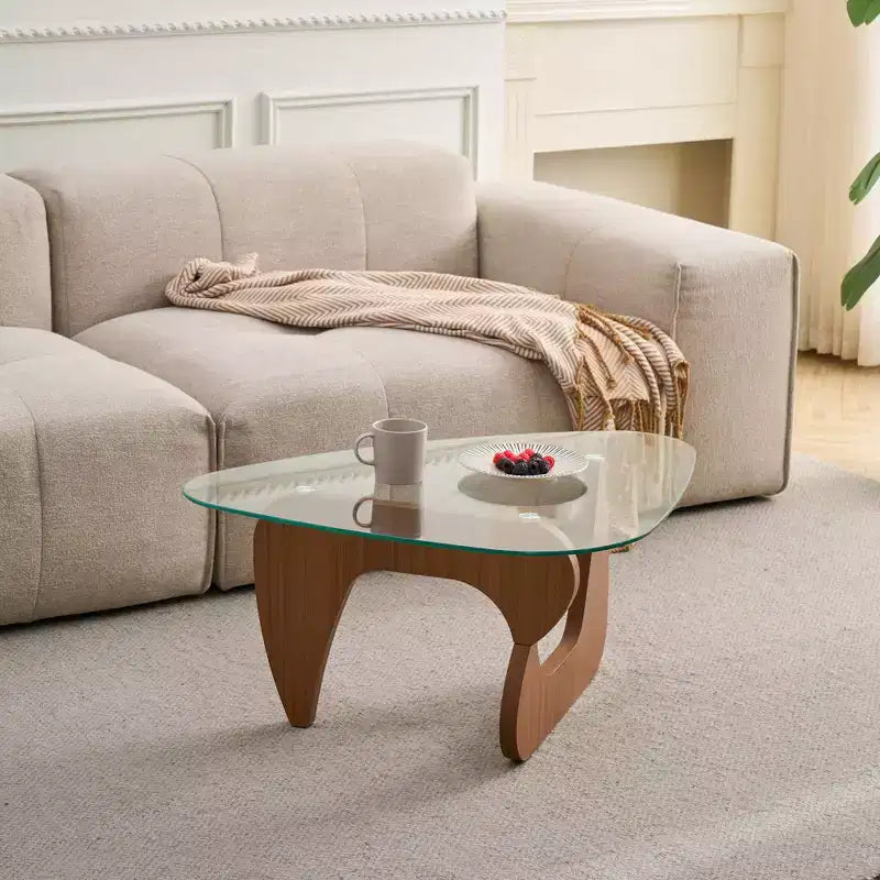 Brown Wood Sculptural Base Glass Top Coffee Table, 1-2 Persons
