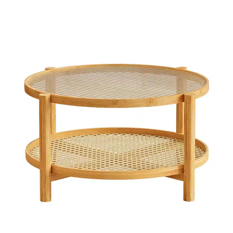 Round 2-Tier Coffee Table, Natural Bamboo & Clear Glass Top