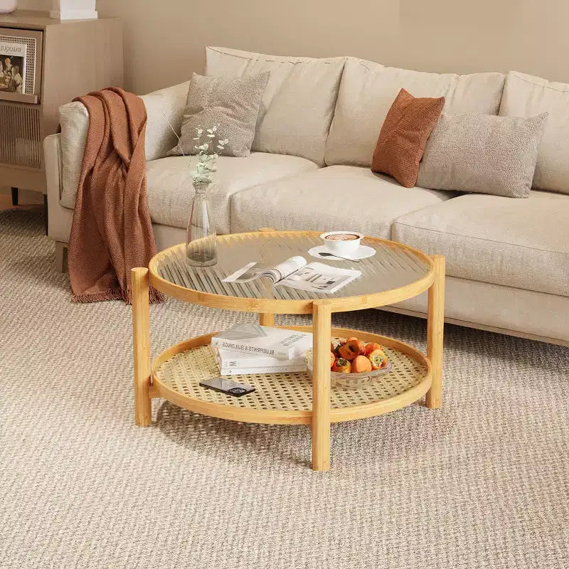 Round 2-Tier Coffee Table, Natural Bamboo & Clear Glass Top