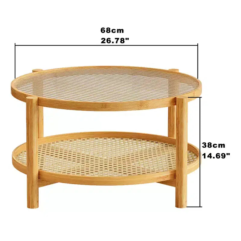 Round 2-Tier Coffee Table, Natural Bamboo & Clear Glass Top