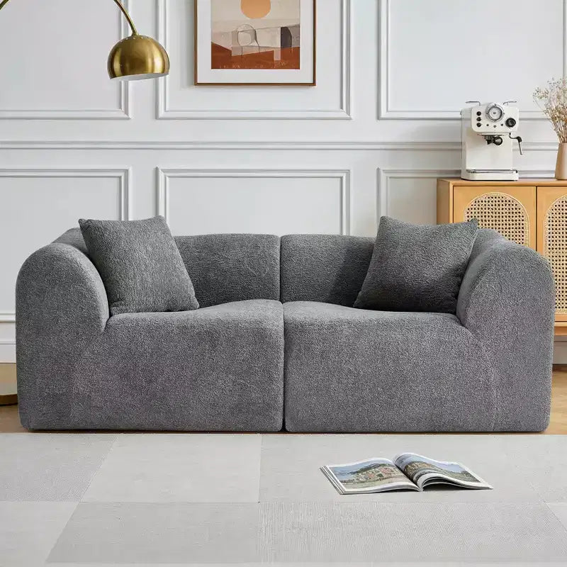 Beige / Black / Blue / Gray Boucle 2-Seat Loveseat Sofa with Throw Pillows