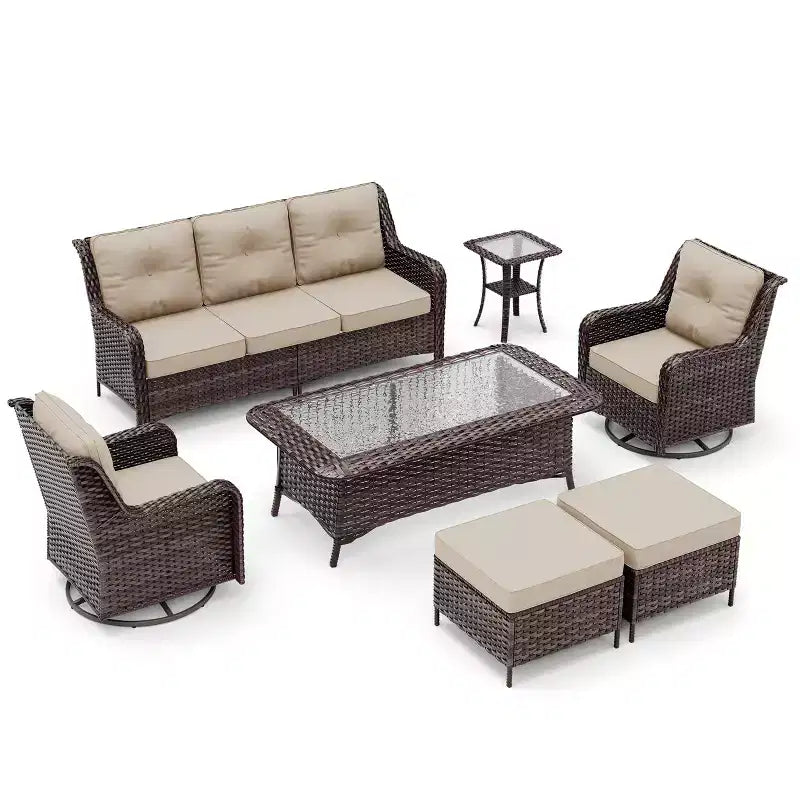 Ensemble de mobilier de jardin en rotin ALAULM 7 pièces, ensemble de canapés d'extérieur en osier avec 2 fauteuils pivotants à bascule, 2 tables basses de différentes tailles, 2 poufs
