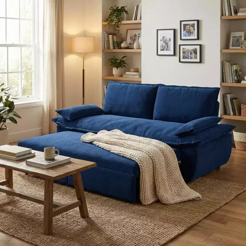 Blue Velvet Convertible Sofa Bed, 3-in-1 Pull-Out Sleeper Couch, Seats 3