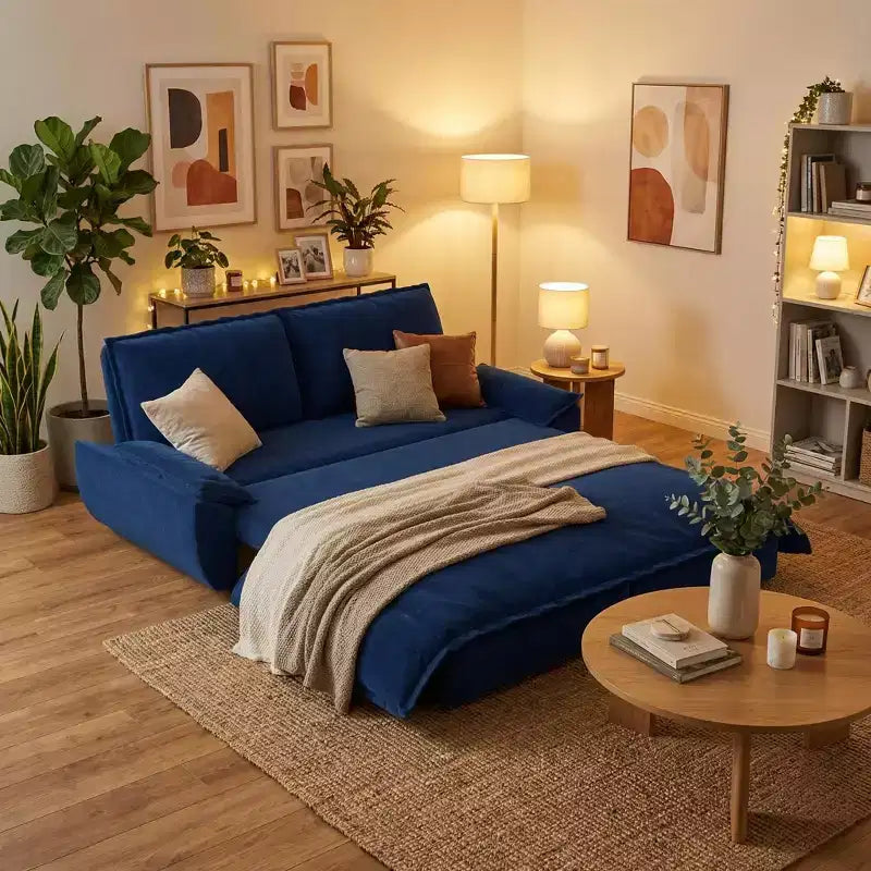 Blue Velvet Convertible Sofa Bed, 3-in-1 Pull-Out Sleeper Couch, Seats 3