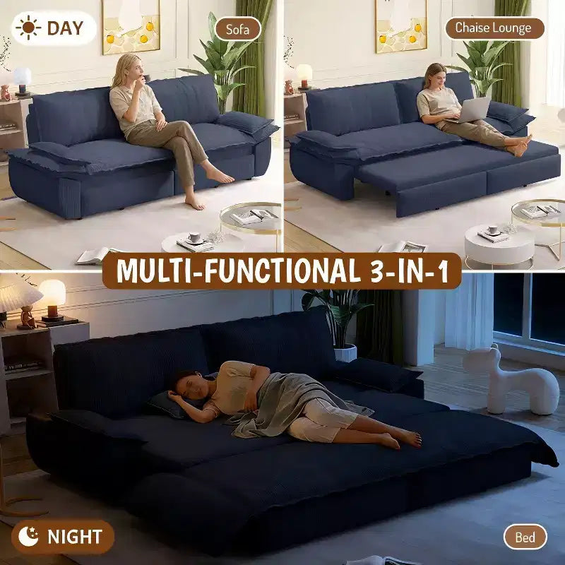 Blue Velvet Convertible Sofa Bed, 3-in-1 Pull-Out Sleeper Couch, Seats 3