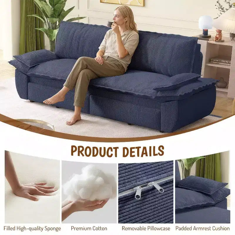 Blue Velvet Convertible Sofa Bed, 3-in-1 Pull-Out Sleeper Couch, Seats 3