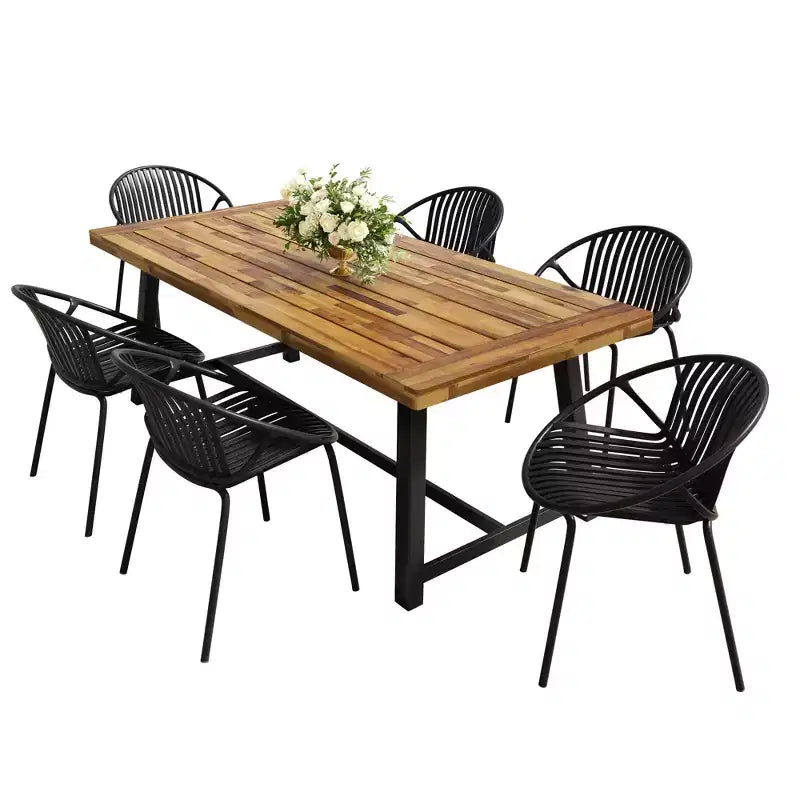 Ensemble de salle à manger d'extérieur moderne 7 pièces avec chaises empilables et table en bois d'acacia