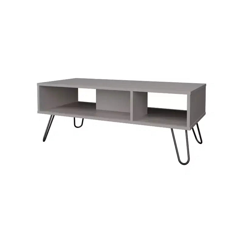 Gray Coffee Table with 2 Open Shelves, Hairpin Legs