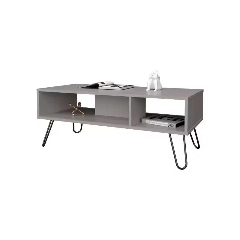 Gray Coffee Table with 2 Open Shelves, Hairpin Legs